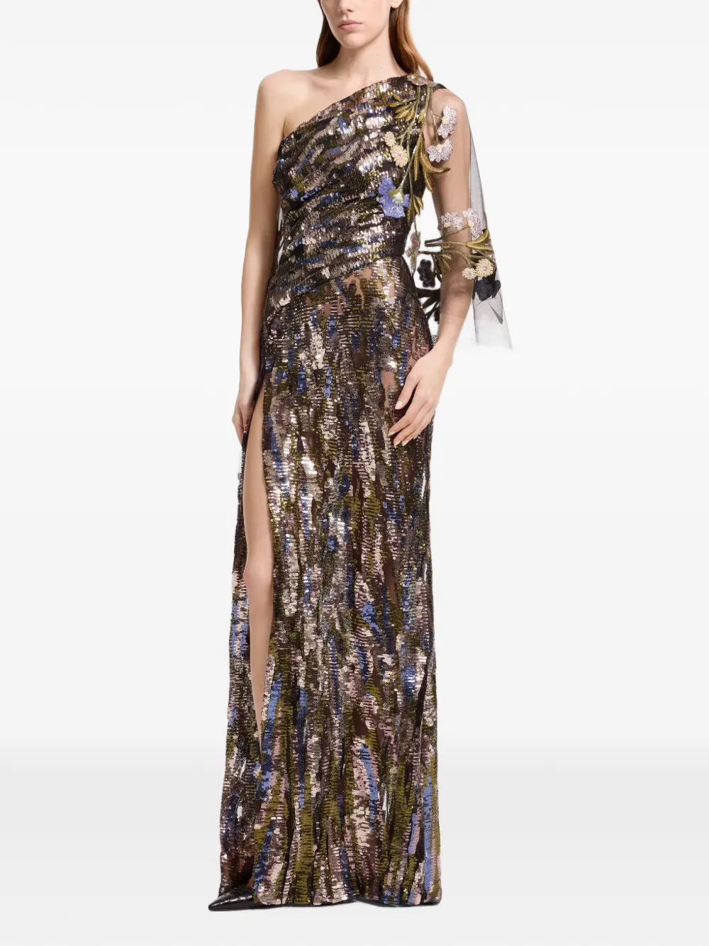 Elie Saab sequin-embellished one-shoulder maxi dress Zwart