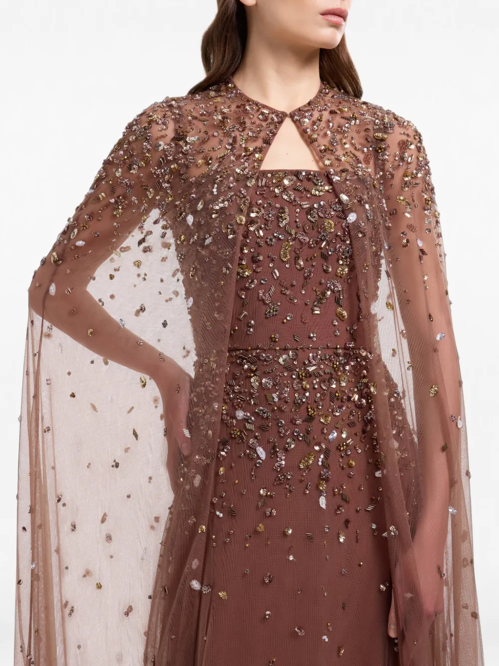 Elie Saab Bead-embroidered Silk Cape in Brown, view 4