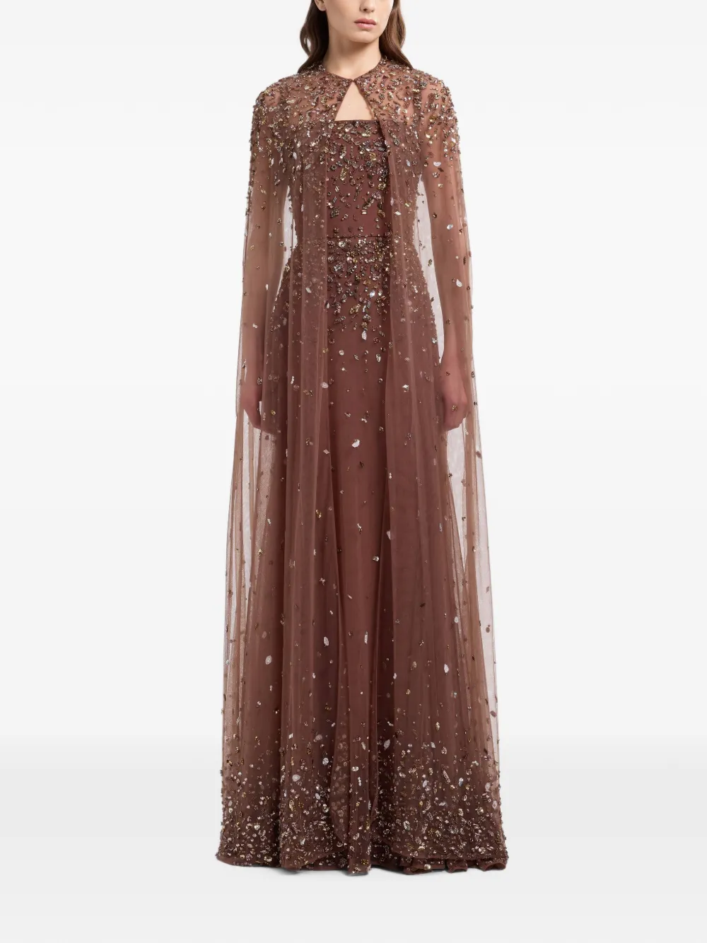 Elie Saab Zijden cape met geborduurde kralen Bruin
