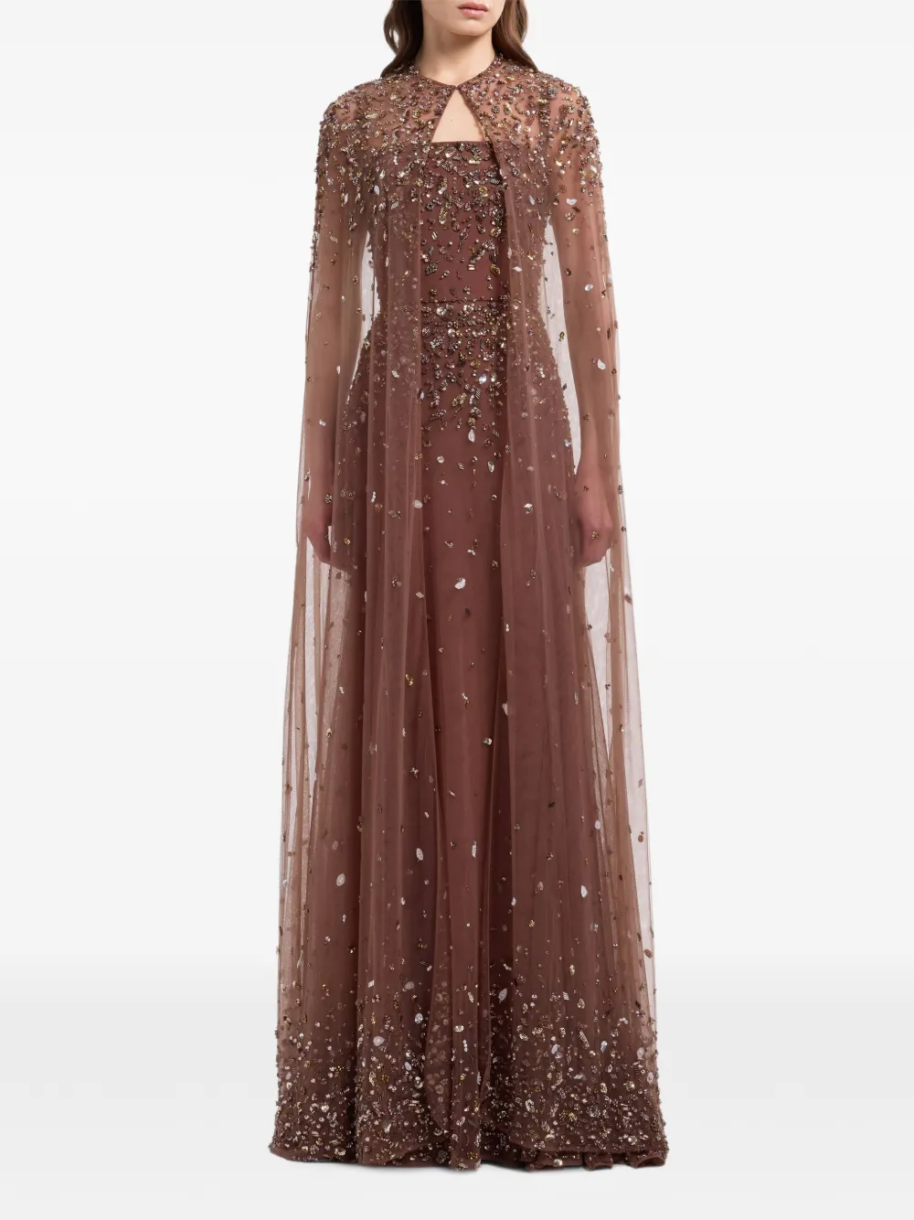 Elie Saab Bead-embroidered Silk Cape in Brown, view 2