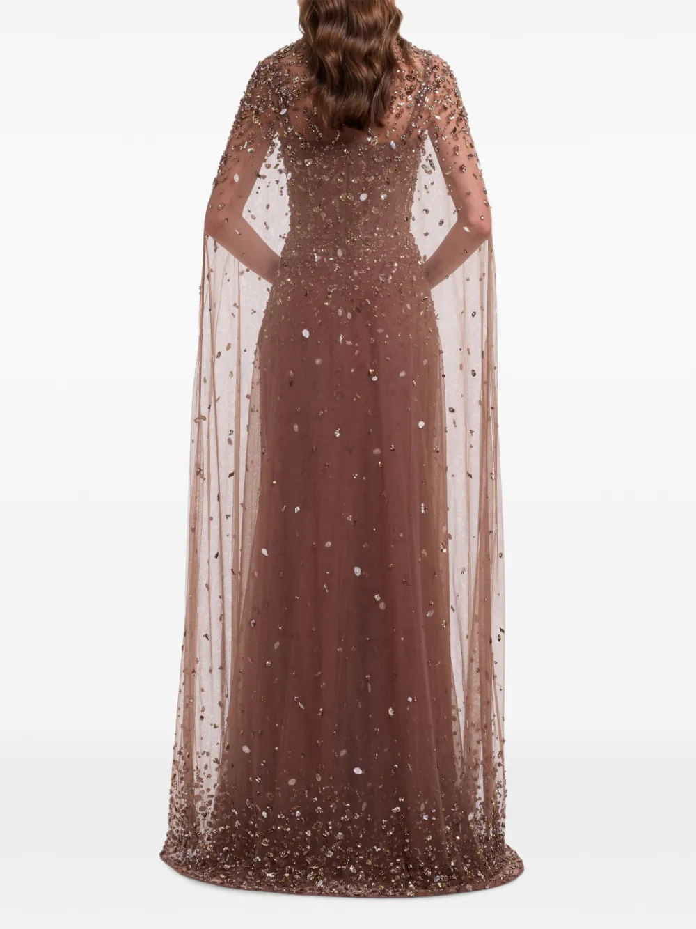 Elie Saab Bead-embroidered Silk Cape in Brown, view 3