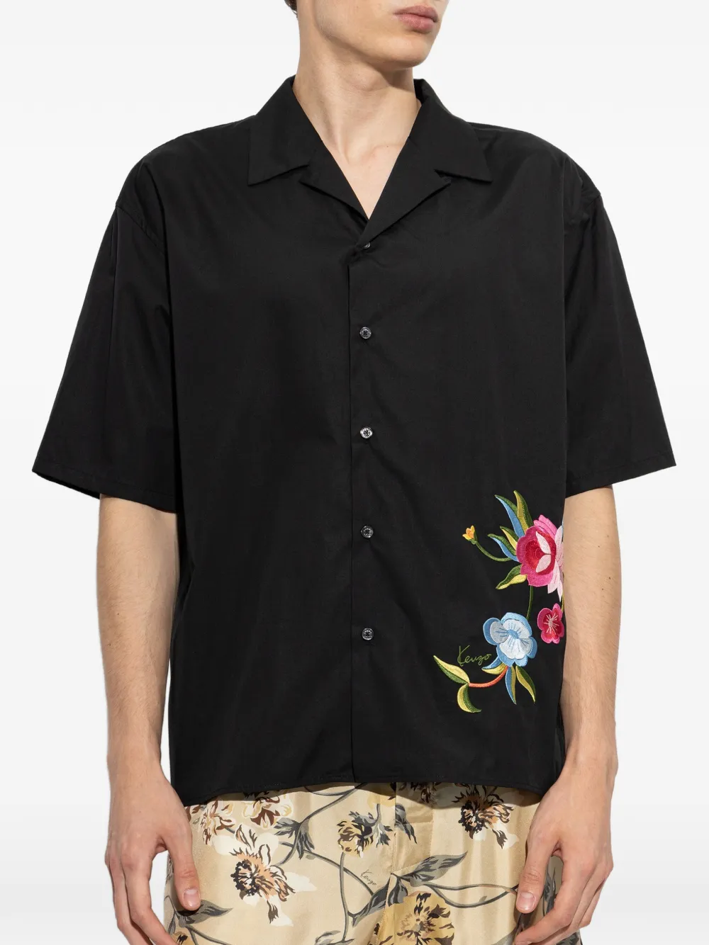 Kenzo Overhemd met geborduurde bloemen en campkraag Zwart