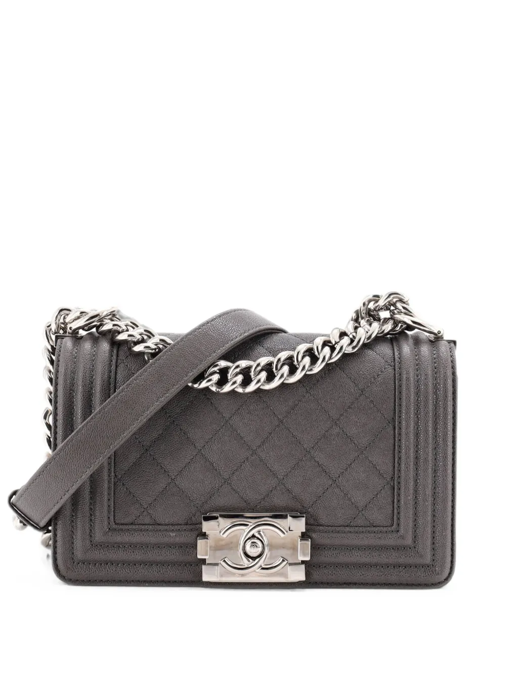 CHANEL Pre-Owned Borsa a tracolla Boy piccola in pelle Caviar trapuntata con battente - Grigio