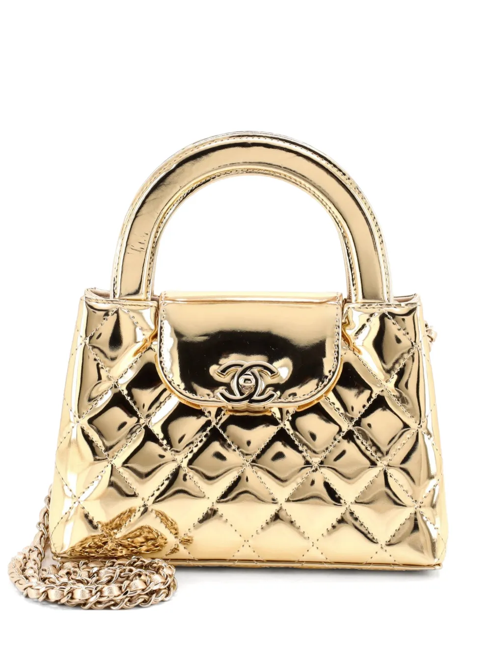 CHANEL Pre-Owned Kelly Top Handle Shopping Bag Quilted Metallic Lambskin Mini satchel - Gold