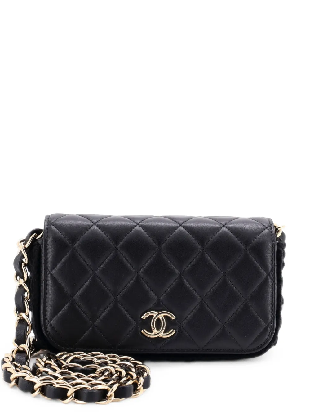 CHANEL Pre-Owned CC Flap Phone Holder with Chain Quilted Lambskin with Crochet Detail crossbody bag - Nero