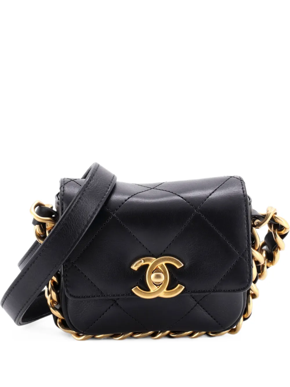 CHANEL Pre-Owned Borsa a tracolla mini in pelle di vitello trapuntata con battente e catena - Nero