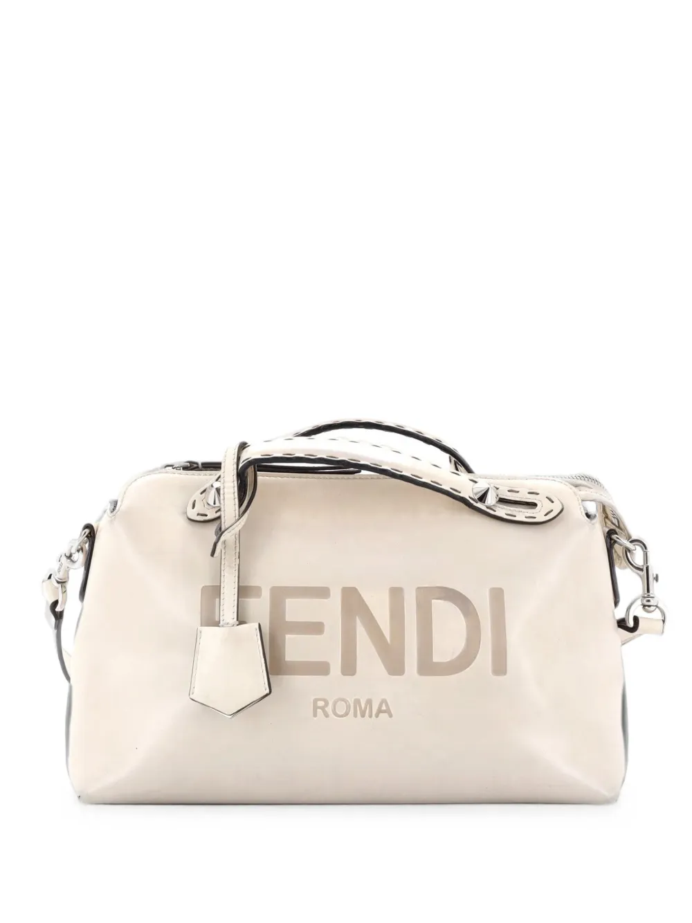 Pre-owned Fendi Logo By The Way Satchel Embossed Leather Medium Shoulder Bag In Neutrals