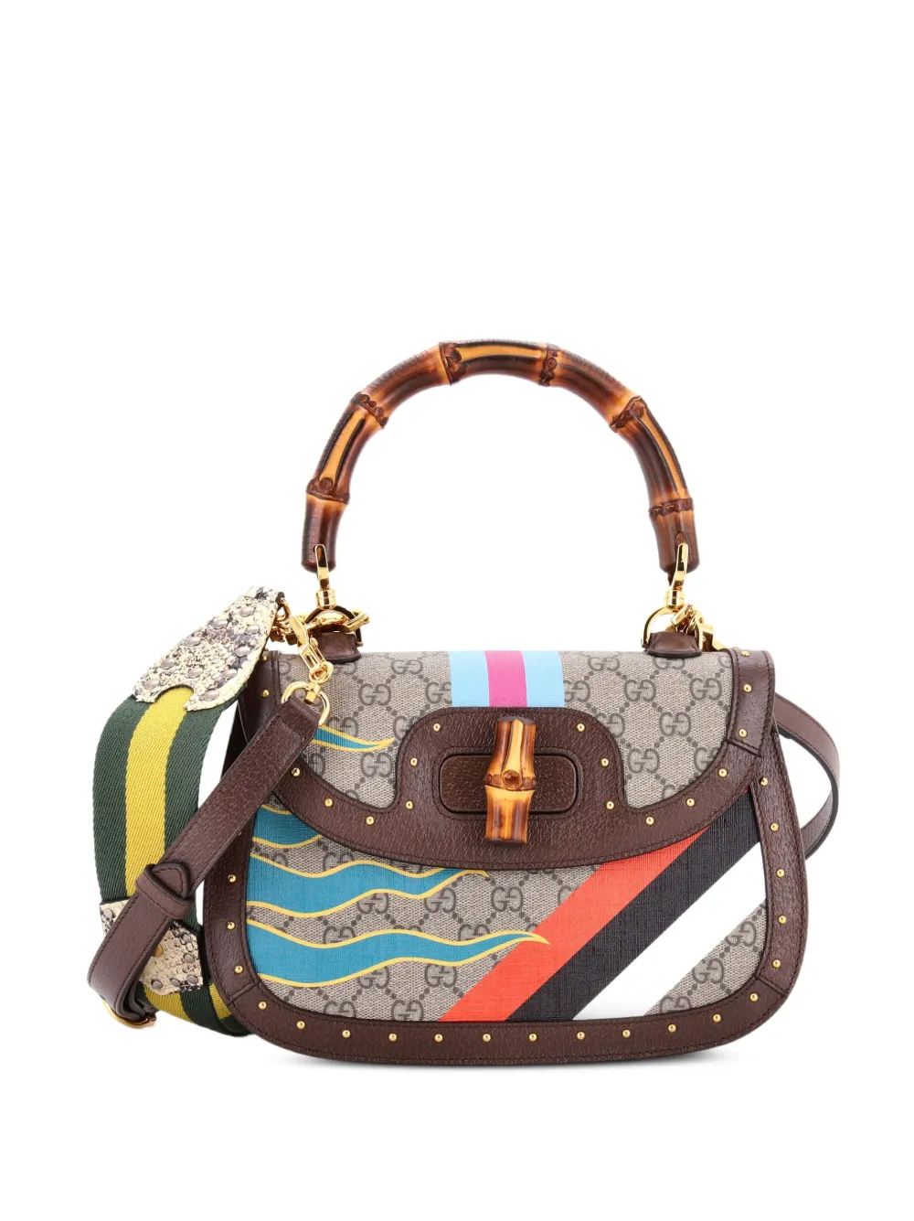 Gucci Pre-Owned Borsa a spalla Bamboo 1947 media in tela cerata GG e pelle con borchie - Marrone
