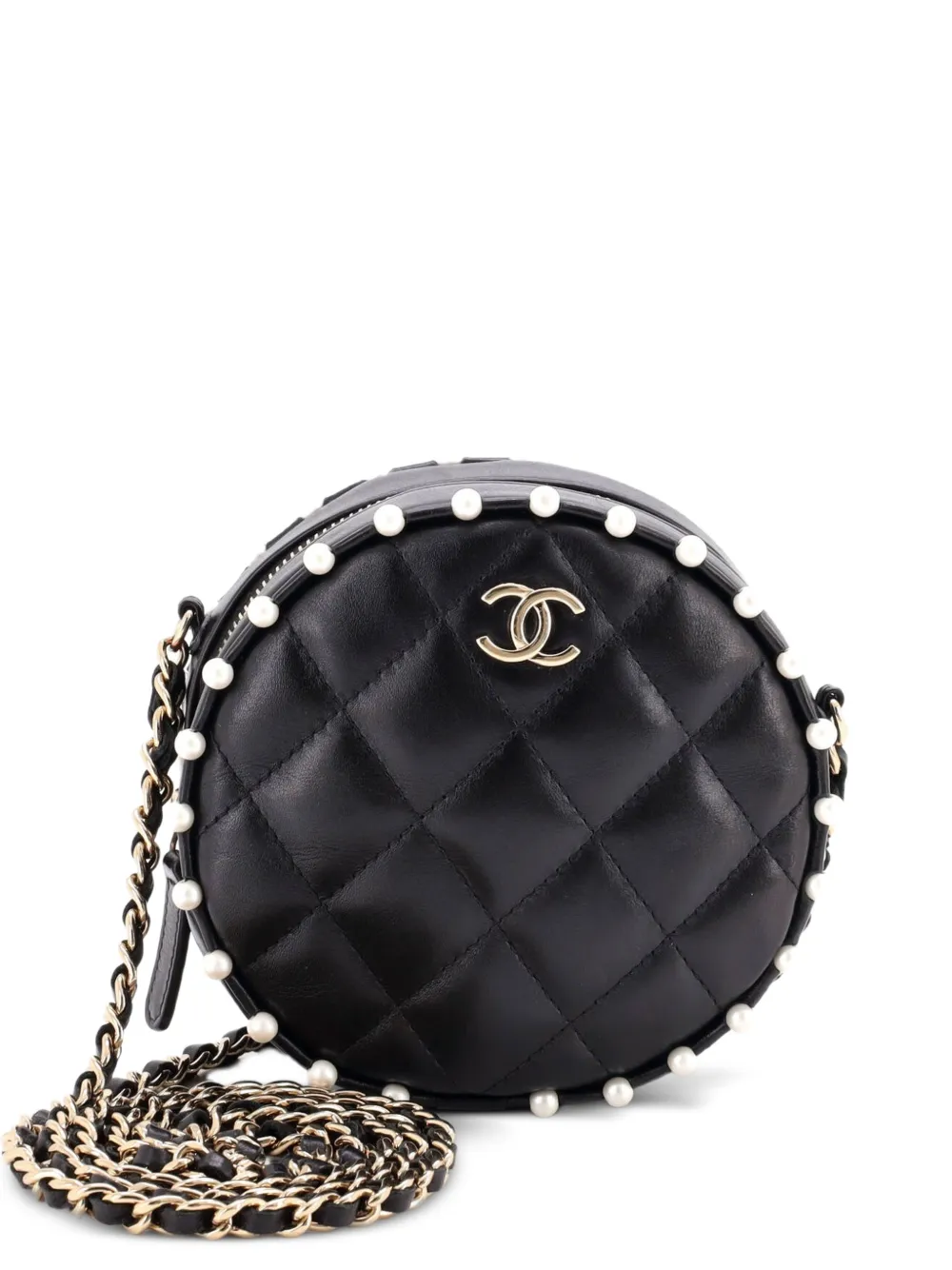 CHANEL Pre-Owned pochette ronde à bandoulière en cuir de veau matelassé à détail en perle - Noir CHANEL Pre-Owned pochette ronde à bandoulière en cuir de veau matelassé à détail en perle - Noir