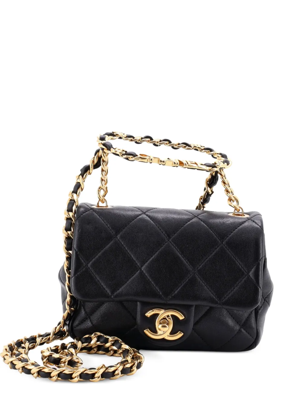 CHANEL Pre-Owned Borsa a spalla mini in pelle di agnello trapuntata con catena e logo - Nero