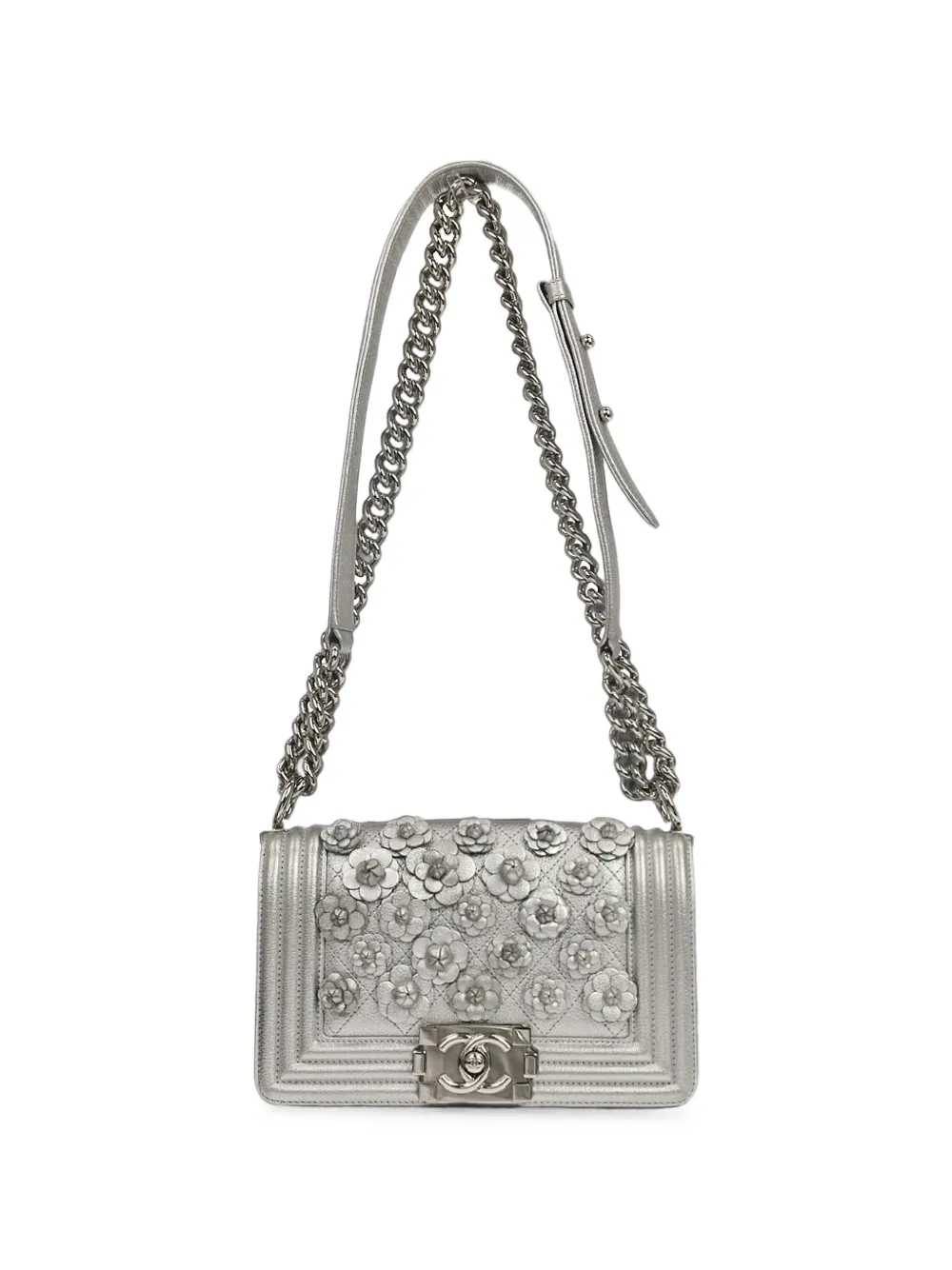 CHANEL Pre-Owned 2019 Boy Chanel Camellia-appliqué chain-strap mini bag - Argento