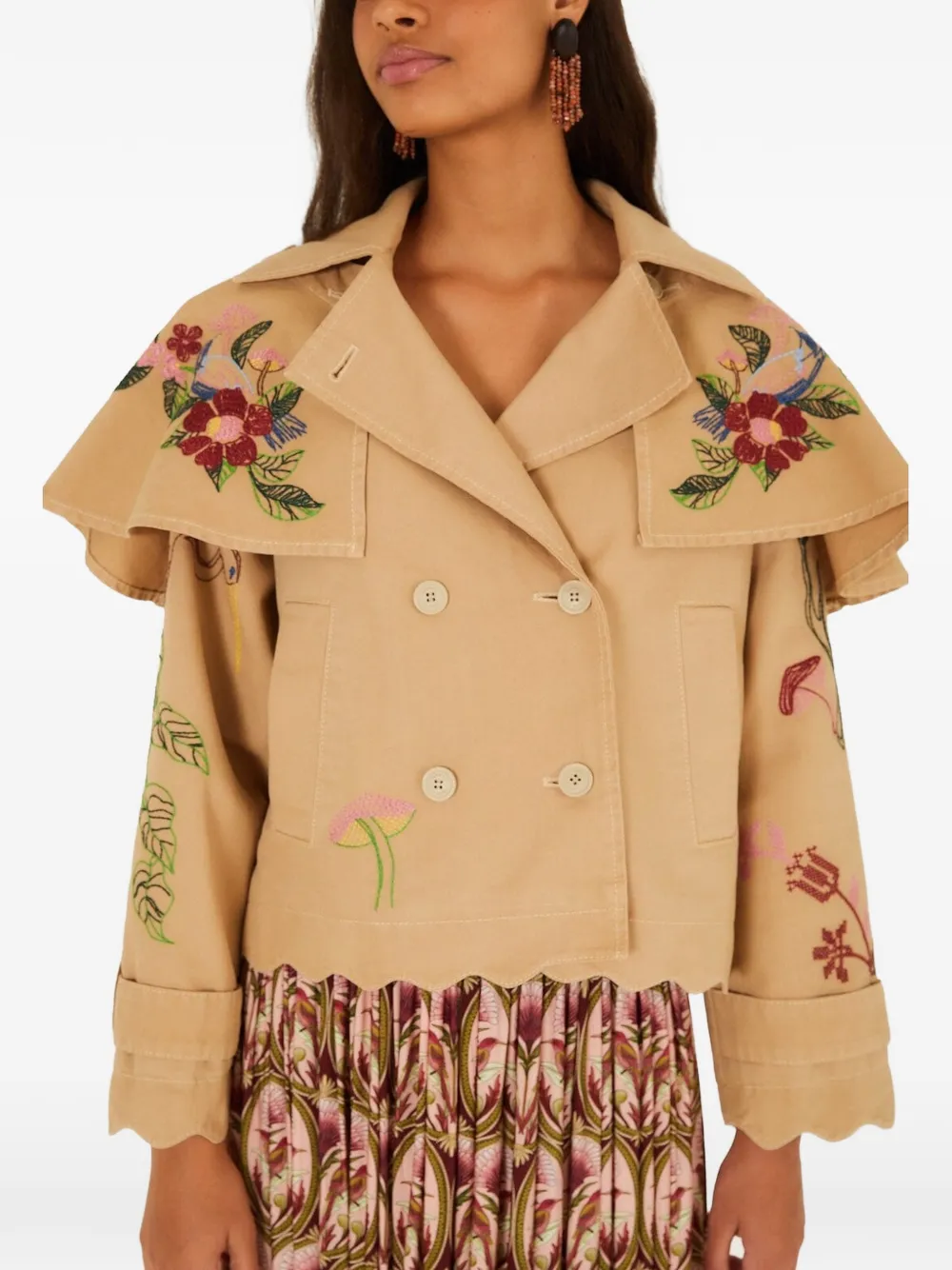 FARM Rio floral-embroidered scalloped jacket