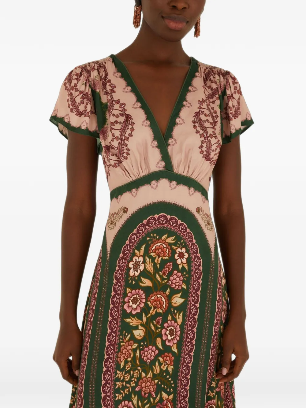 FARM Rio Daniela midi-jurk met V-hals en bloemen-print Beige