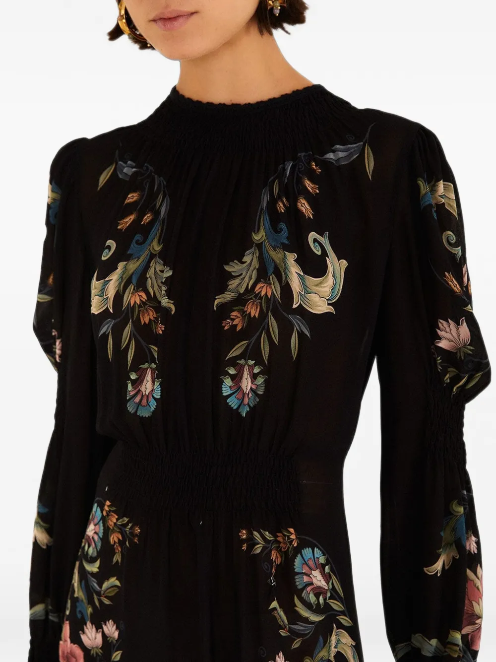FARM Rio Natalia gesmockte mini-jurk met bloemen-print Zwart