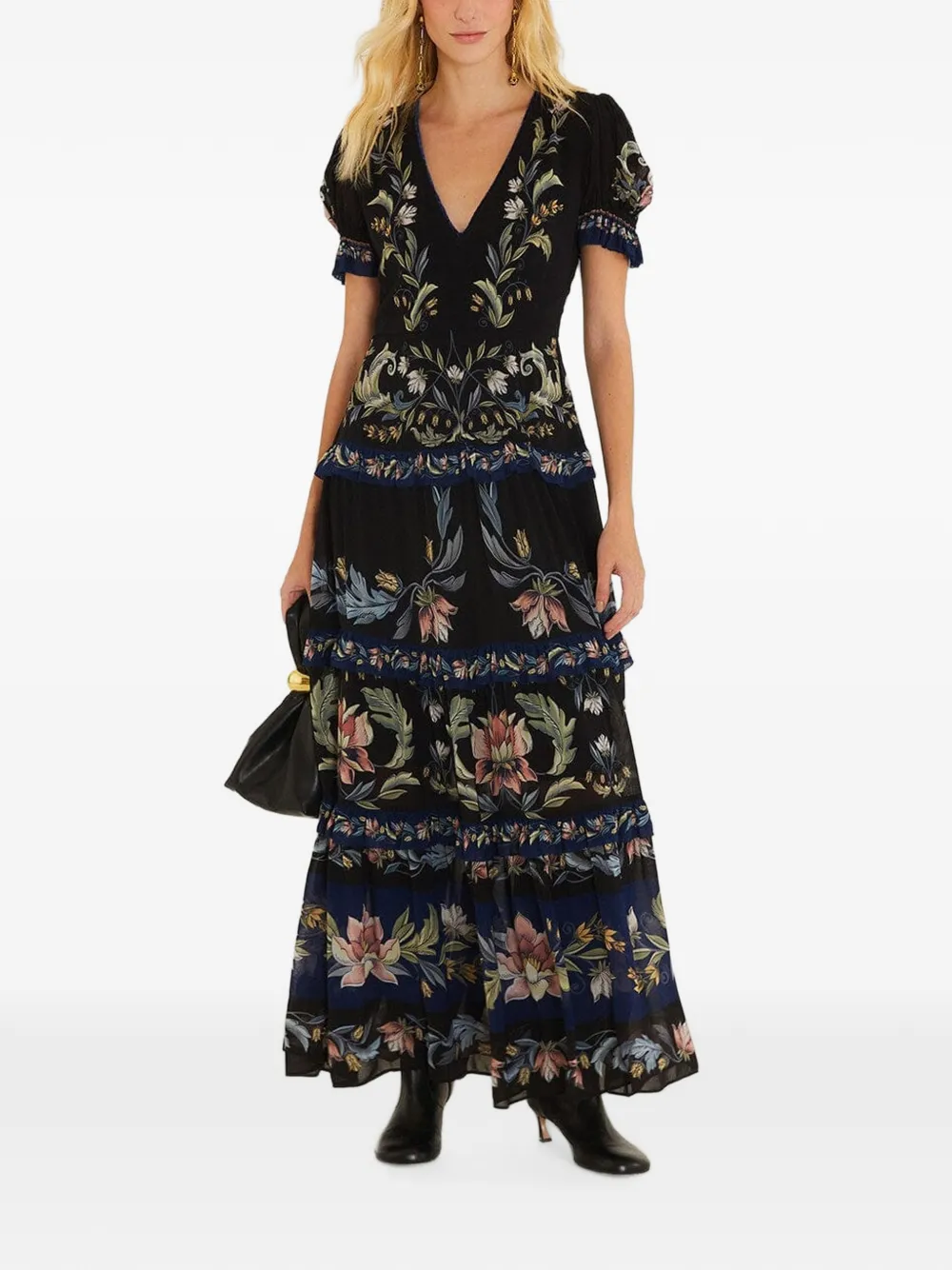 FARM Rio robe longue Natalia à imprimé de fleurs et volants superposés - Noir FARM Rio robe longue Natalia à imprimé de fleurs et volants superposés - Noir
