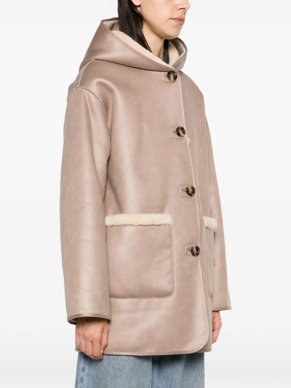 Pennyblack Hooded Shearling-trim Coat In Neutral