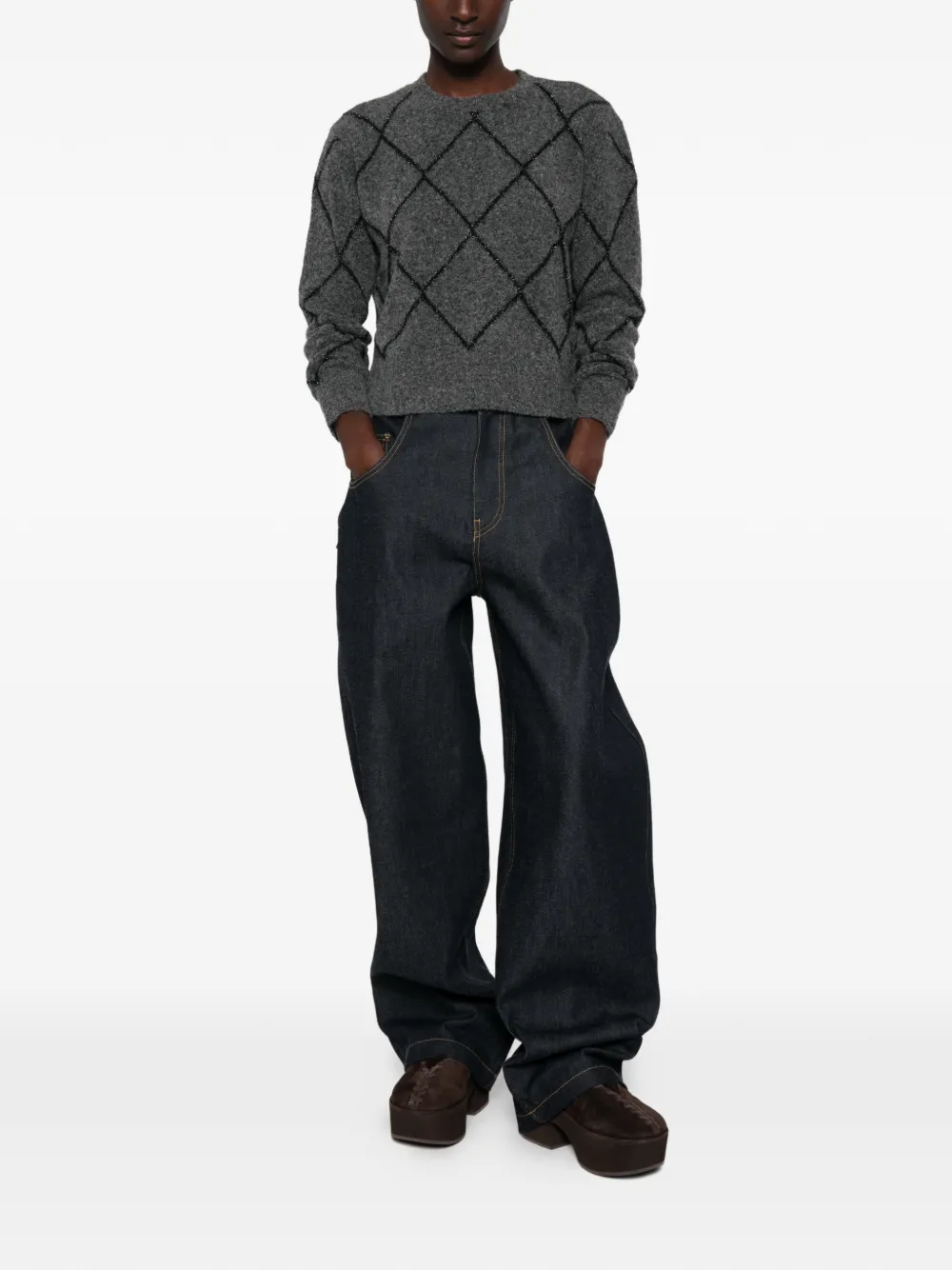 Pennyblack Argyle Sequin-embellished Sweater In Gray