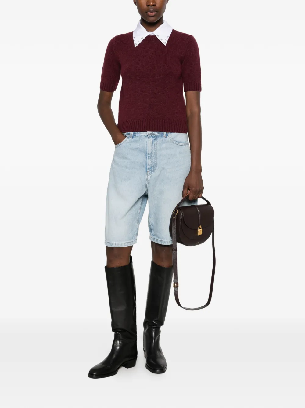 Pennyblack Embellished-collar Short-sleeve Sweater In Burgundy