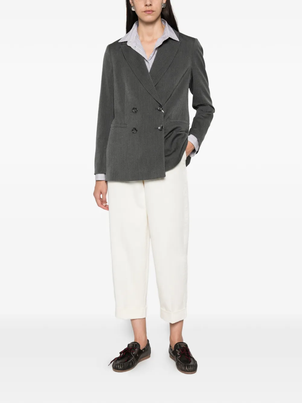Pennyblack Double-breasted Herringbone-pattern Blazer In Gray