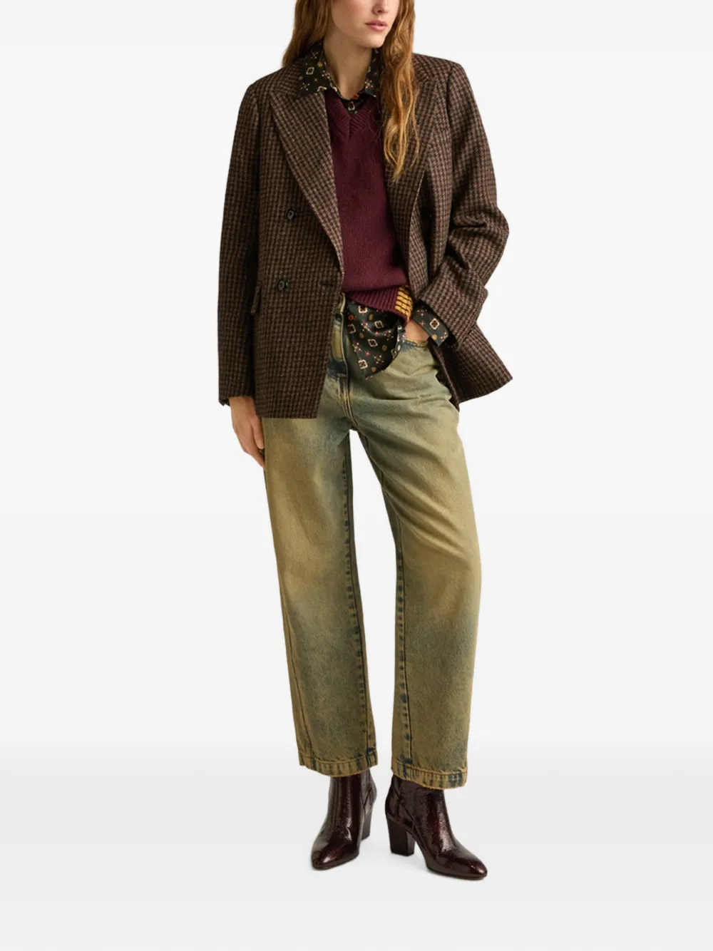 MOMONÌ Odo Bis blazer met pied-de-poule-print en dubbele rij knopen Bruin