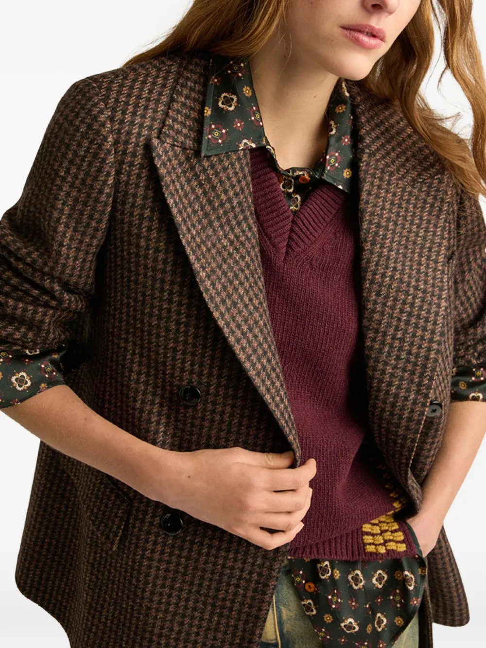 MOMONÌ Odo Bis blazer met pied-de-poule-print en dubbele rij knopen Bruin