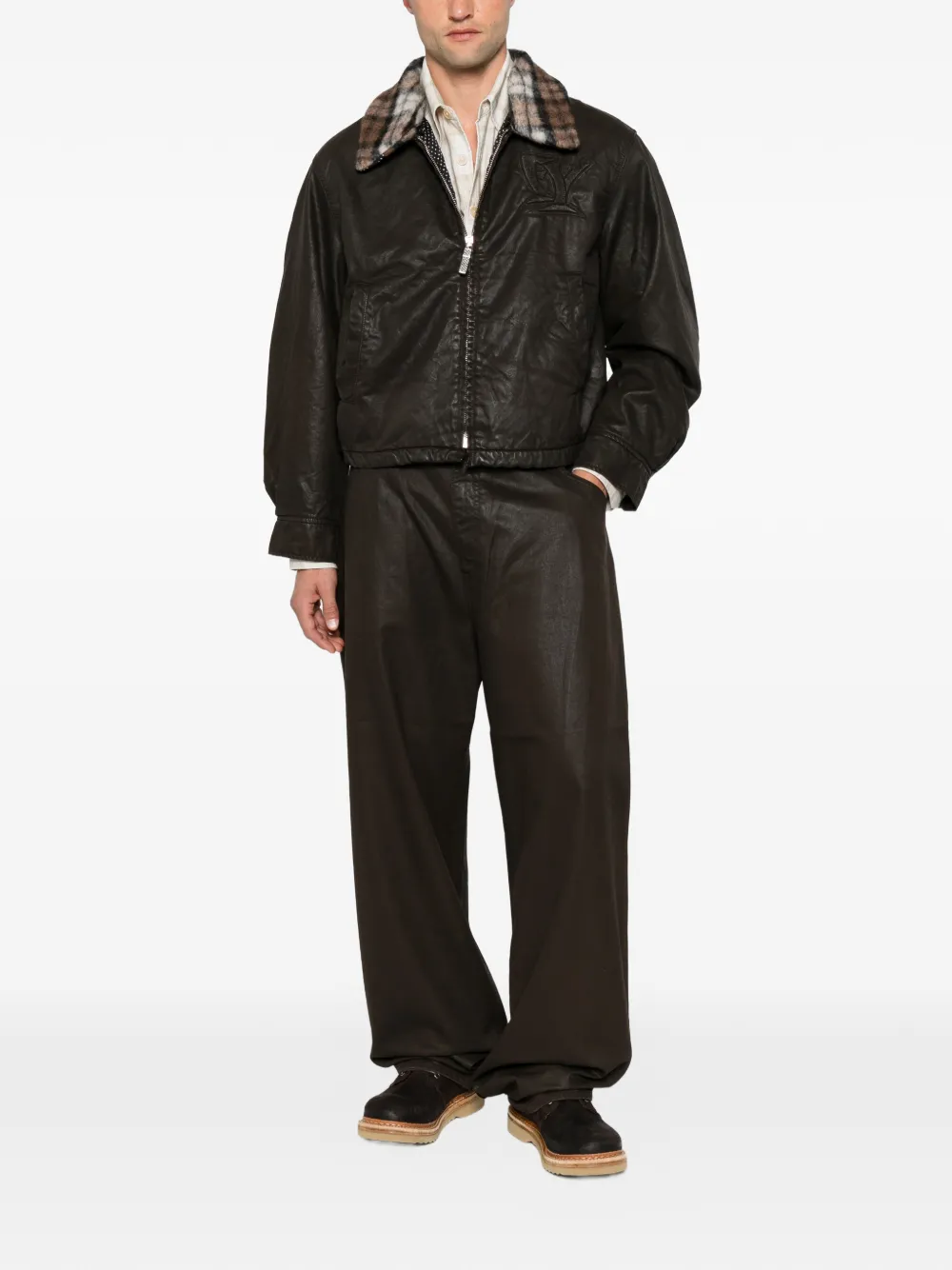 Pdf Check-collar Logo-embossed Jacket In Brown