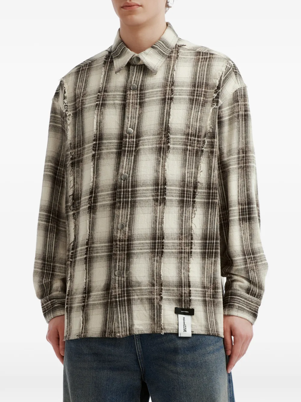 izzue frayed-detailing check-pattern shirt Beige