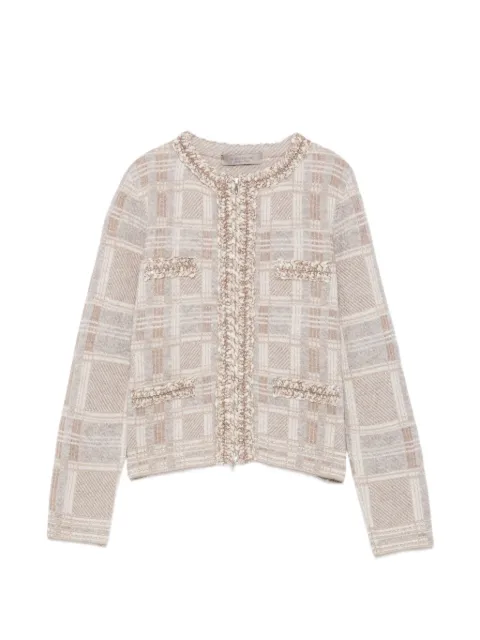 D.Exterior checked bouclé-trim cardigan