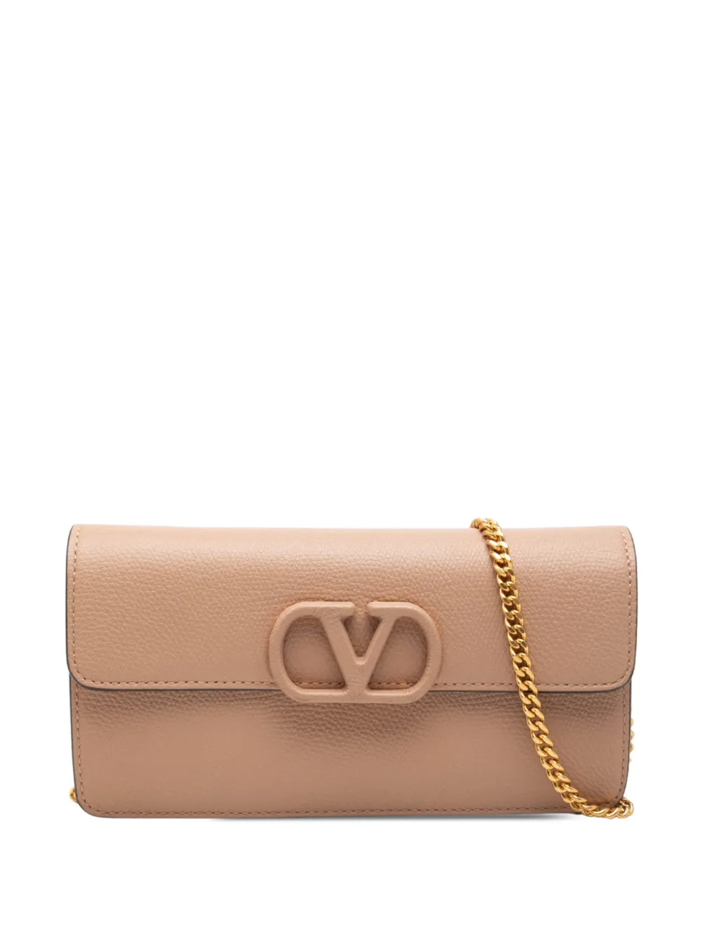 Valentino Garavani Pre-Owned 2010-2026 portefeuille en cuir de veau grainé à bride en chaîne et VLogo - Marron