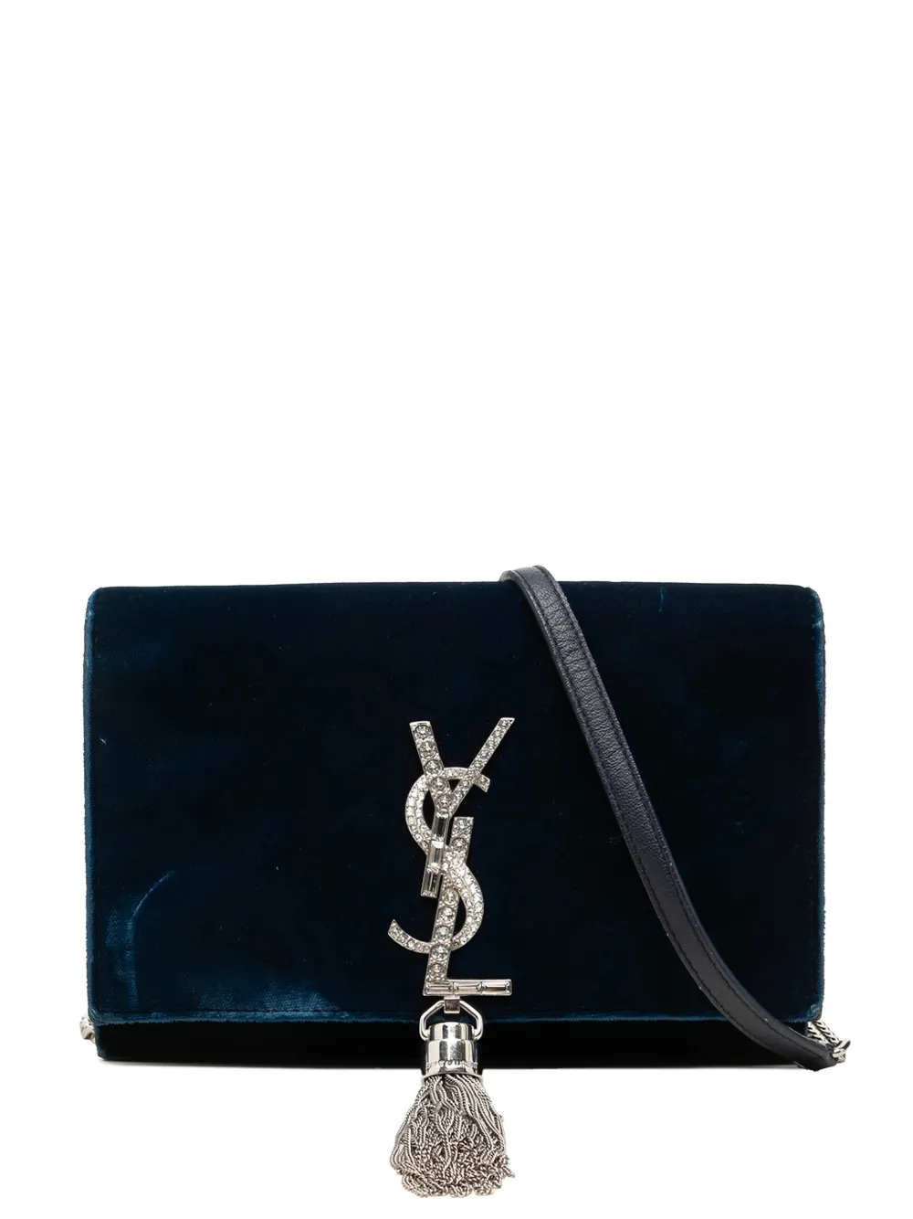 Saint Laurent Pre-Owned pochette portefeuille à bandoulière Kate en velours à monogramme à ornements en cristal avec pompon et chaîne (2017) - Bleu