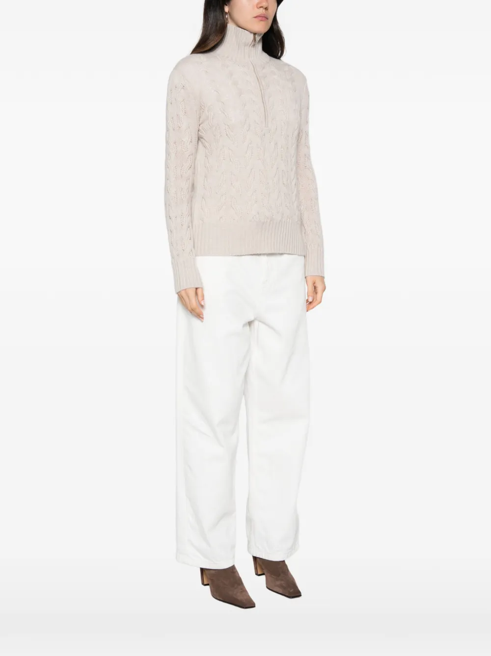Max Mara Kabelgebreide trui met kwartrits Beige