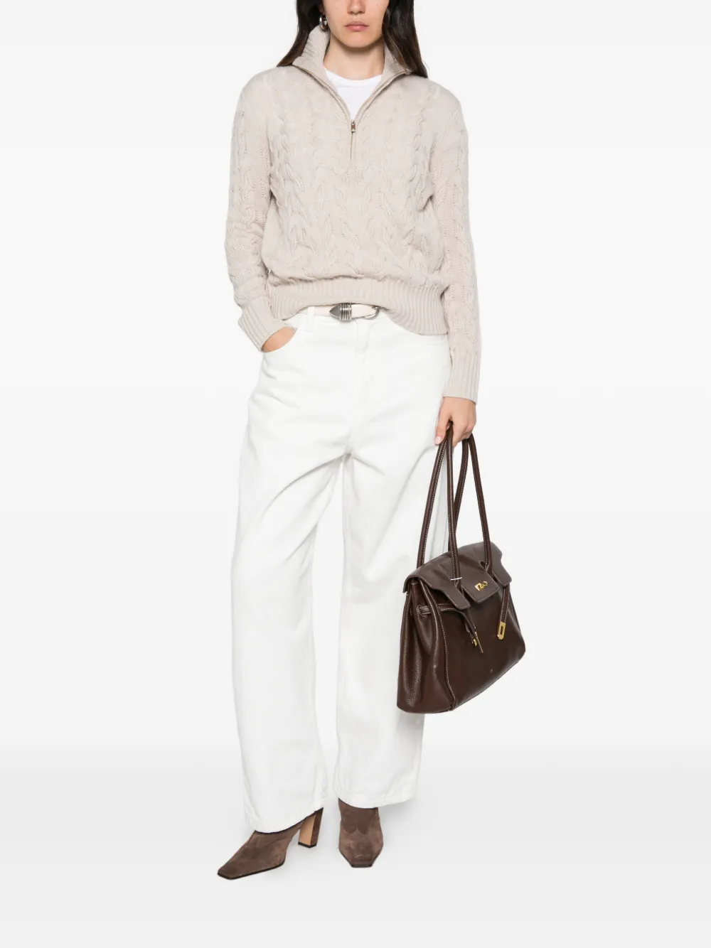 Max Mara Kabelgebreide trui met kwartrits Beige