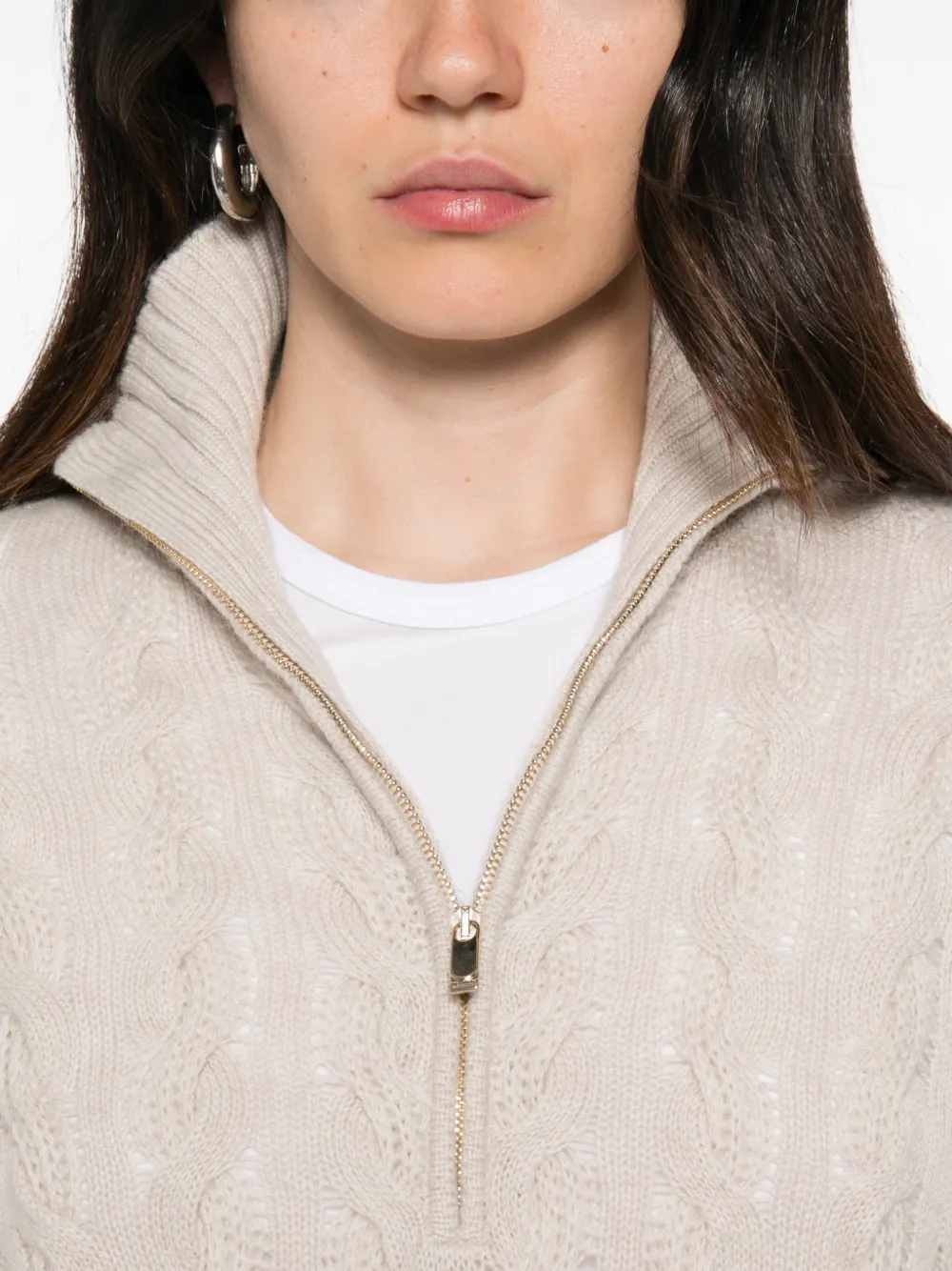 Max Mara Kabelgebreide trui met kwartrits Beige