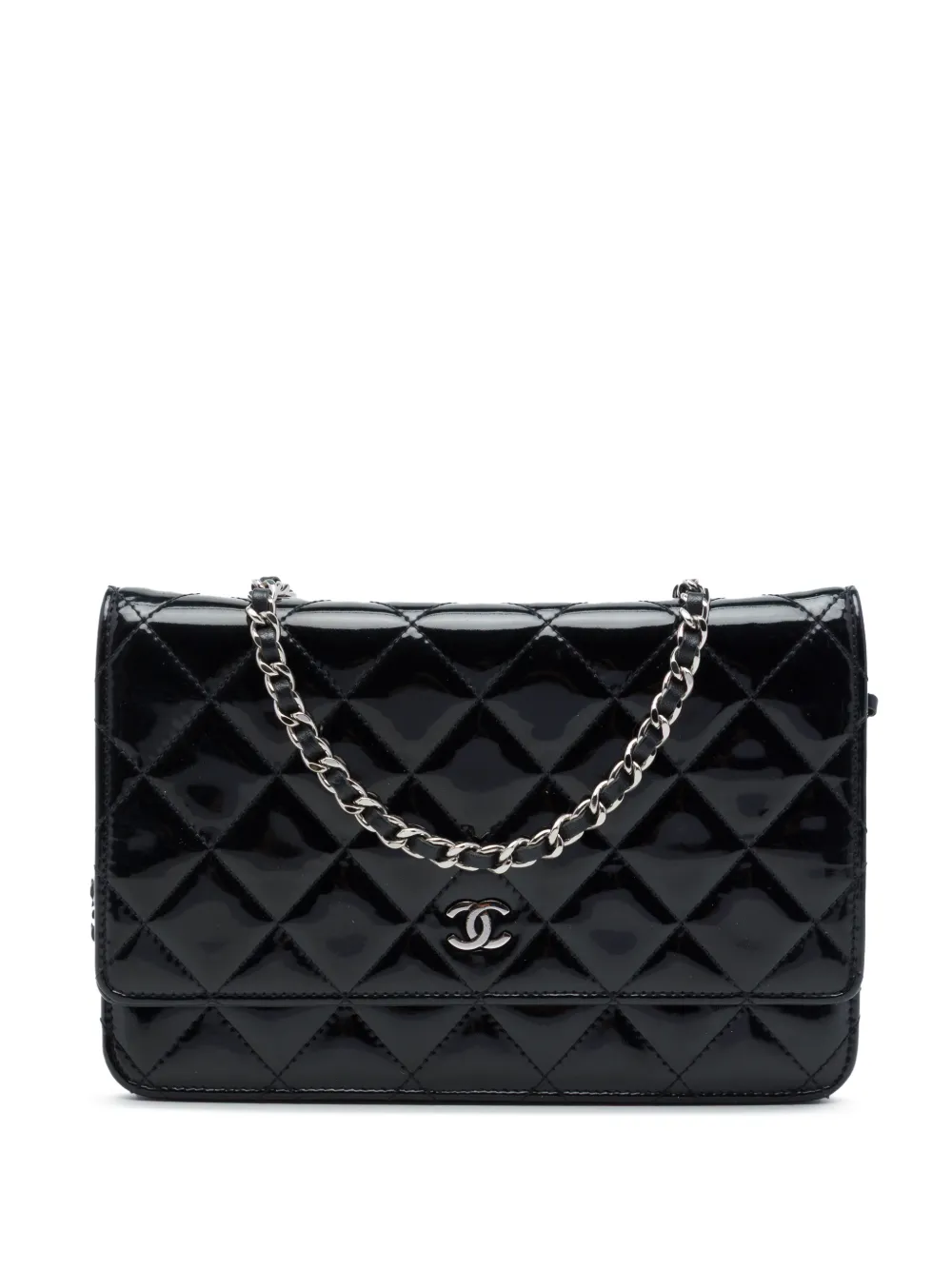 CHANEL Pre-Owned 2012-2013 Gesteppte CC Umhängetasche aus Lackleder mit Kettenriemen - Schwarz