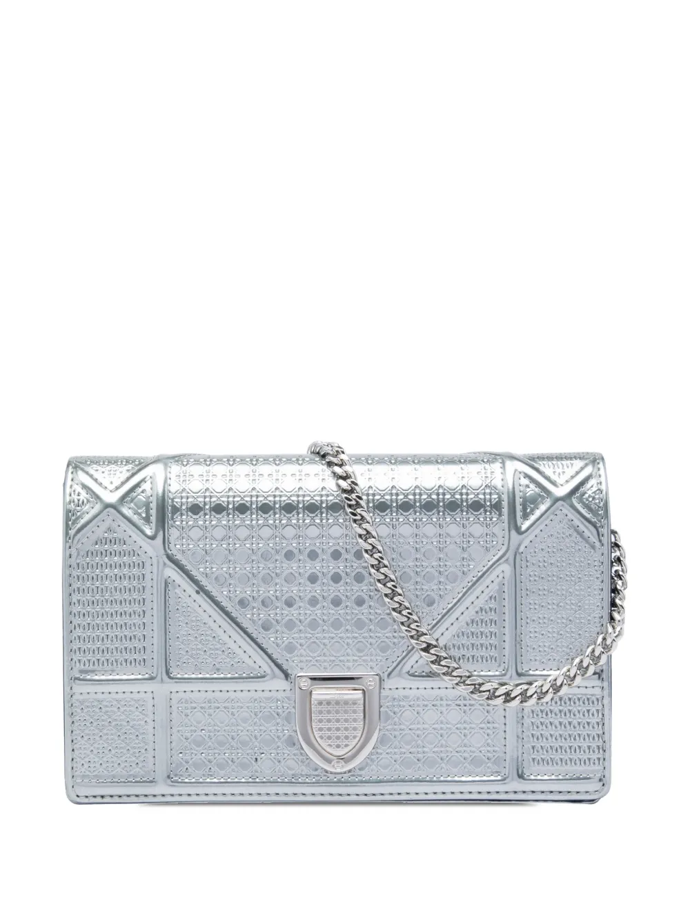 Christian Dior Pre-Owned 2019 Metallic Patent Microcannage Diorama Wallet on Chain crossbody bag - Argento