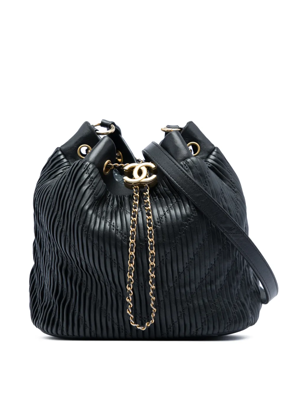 CHANEL Pre-Owned 2018 Medium Crumpled Calfskin Coco Pleats Drawstring bucket bag - Nero