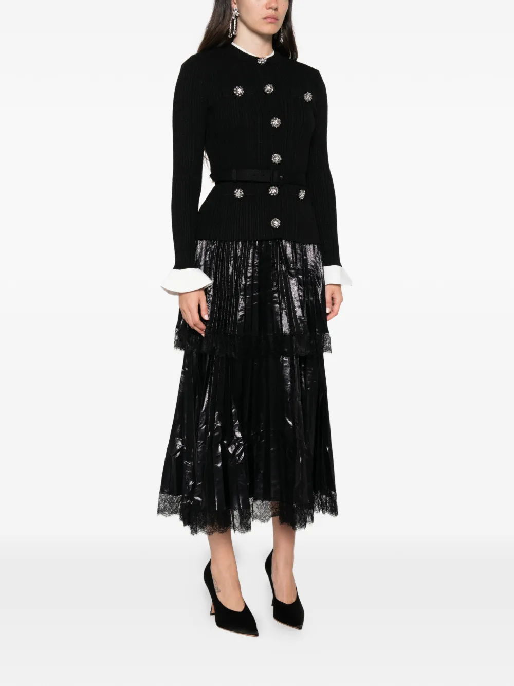 Self-Portrait crystal-embellished pleated midi dress Zwart