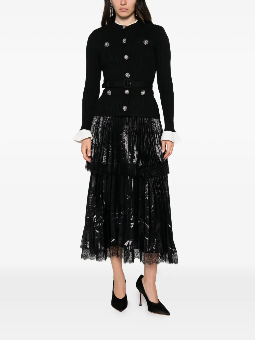 Self-Portrait crystal-embellished pleated midi dress Zwart