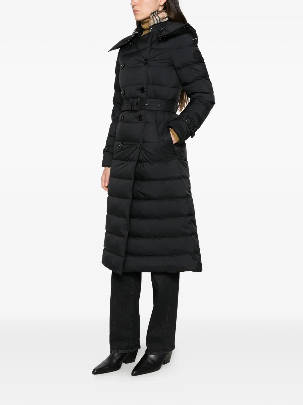 Burberry belted hooded puffer coat Zwart