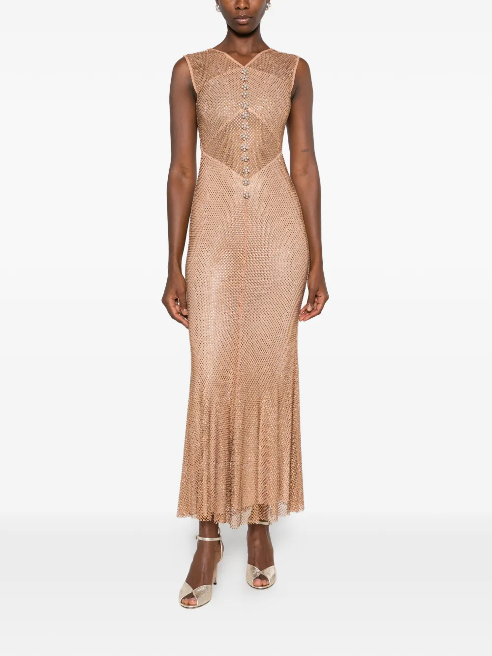 Self-Portrait crystal-embellished mesh maxi dress Beige
