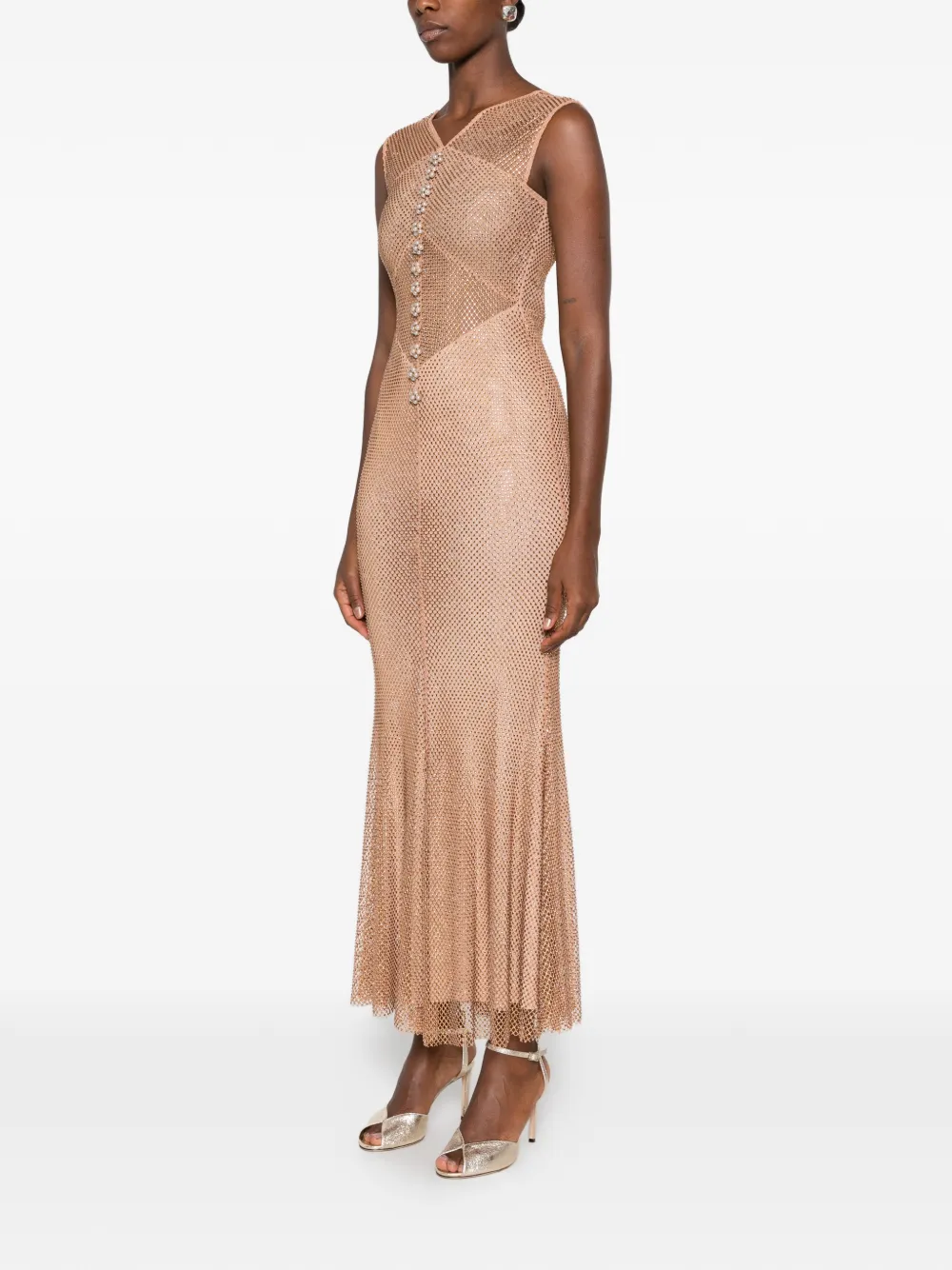 Self-Portrait crystal-embellished mesh maxi dress Beige