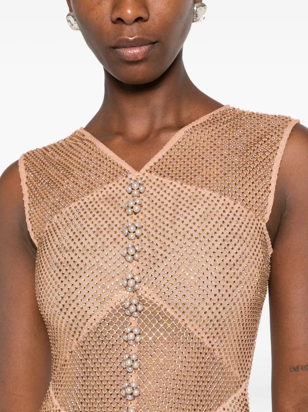 Self-Portrait crystal-embellished mesh maxi dress Beige