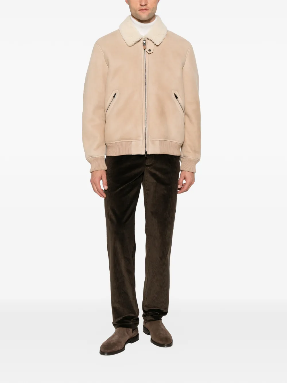 Canali shearling-collar leather jacket Beige
