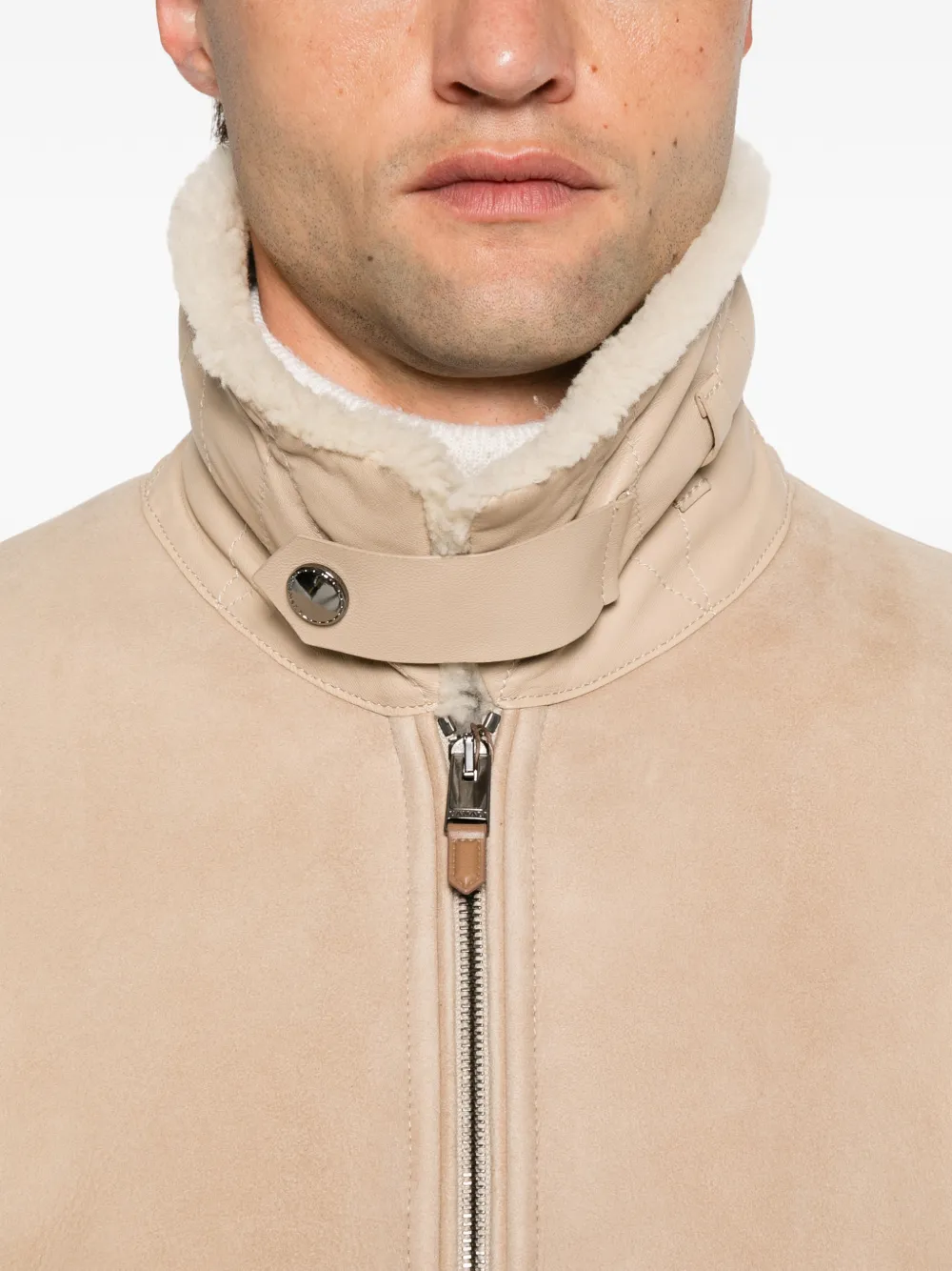 Canali shearling-collar leather jacket Beige