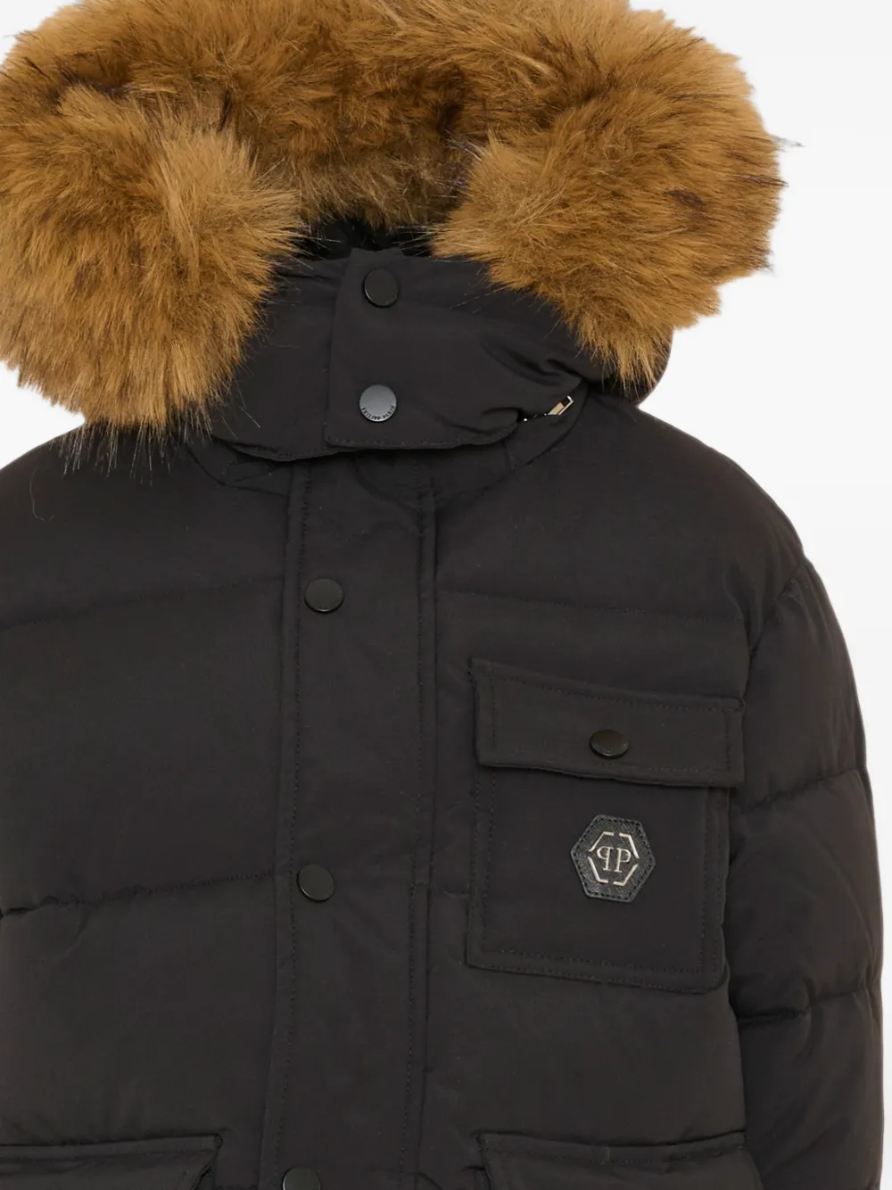 Philipp Plein Junior faux-fur trim logo-print jacket Zwart