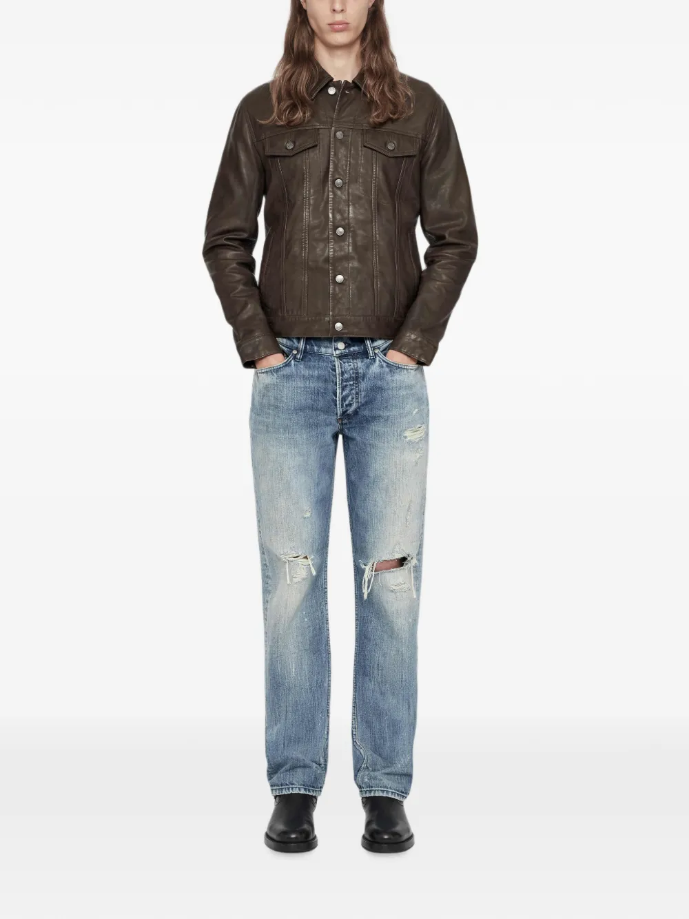 AllSaints Chaiyo leren trucker jack Bruin