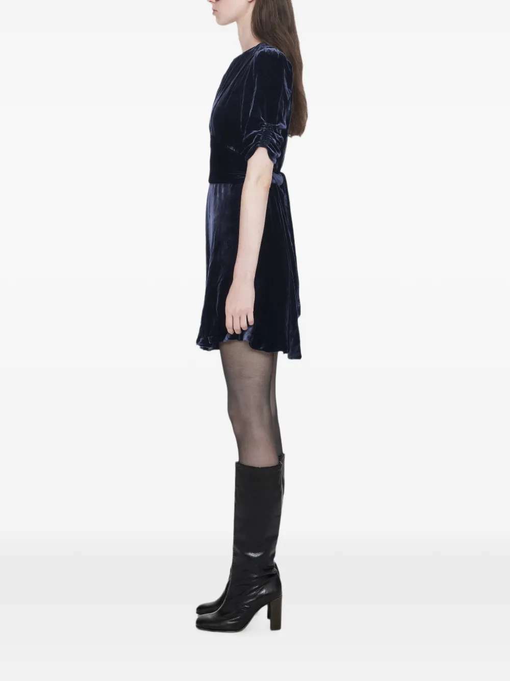 AllSaints Ena fluwelen mini-jurk met gestrikte taille Blauw