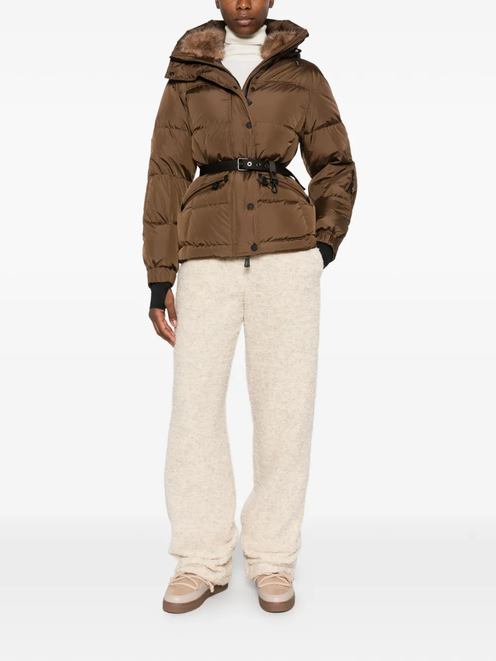 Moncler Grenoble Jack met capuchon en ceintuur Bruin