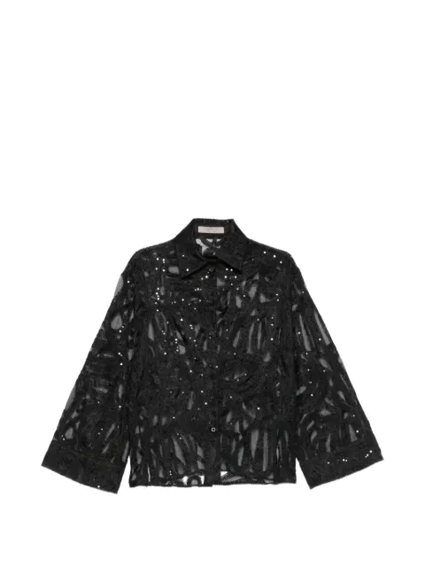 D.Exterior sequin-embellished lace-overlay shirt