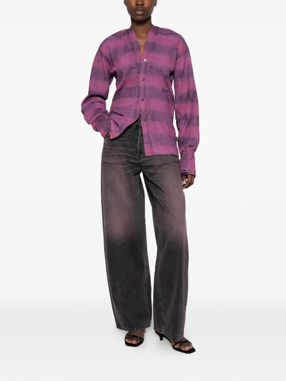 Haikure Shona check-pattern V-neck shirt Paars